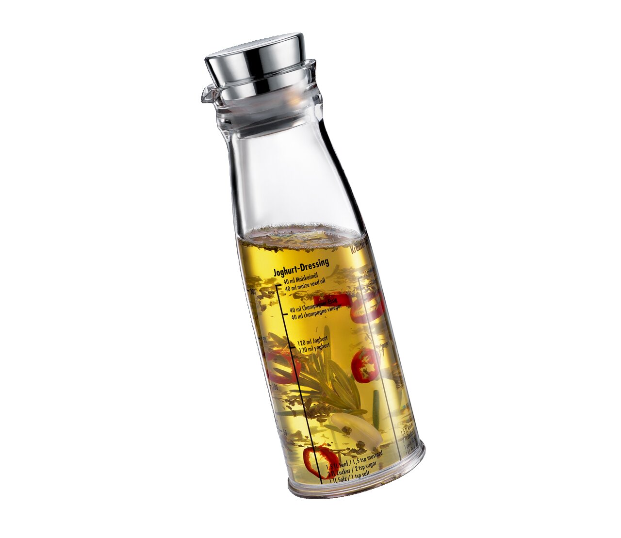 Dressing-Shaker aus Glas mit Edelstahlverschluss, gefüllt mit Zutaten für Joghurt-Dressing, seitliche Ansicht.