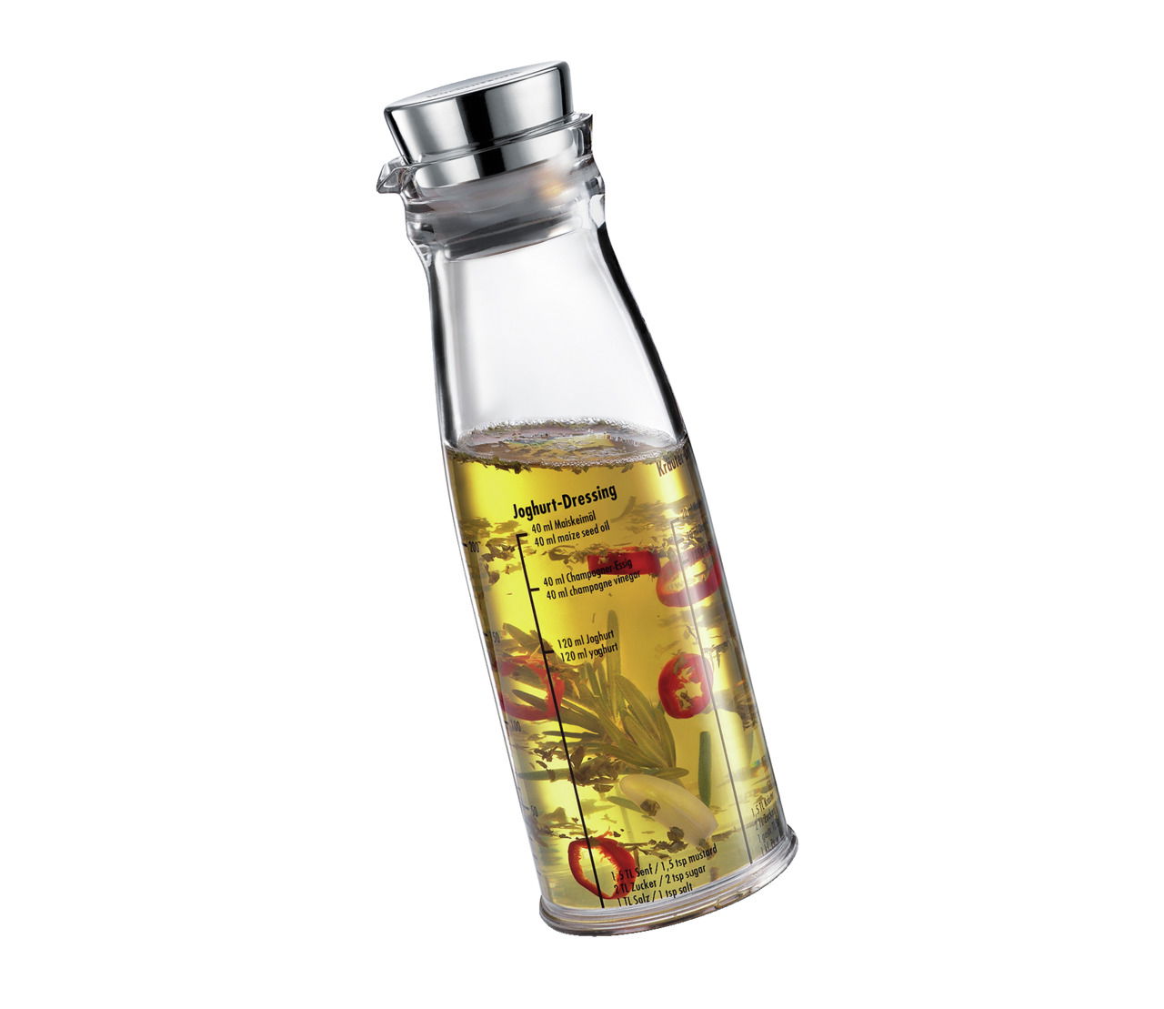 Dressing-Shaker aus Glas mit Edelstahlverschluss, gefüllt mit Zutaten für Joghurt-Dressing, seitliche Ansicht.