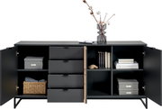 XL-Sideboard in dunklem Design mit offenen Türen und Schubladen, dekoriert mit Büchern, Körben und einer Vase, Frontalansicht
