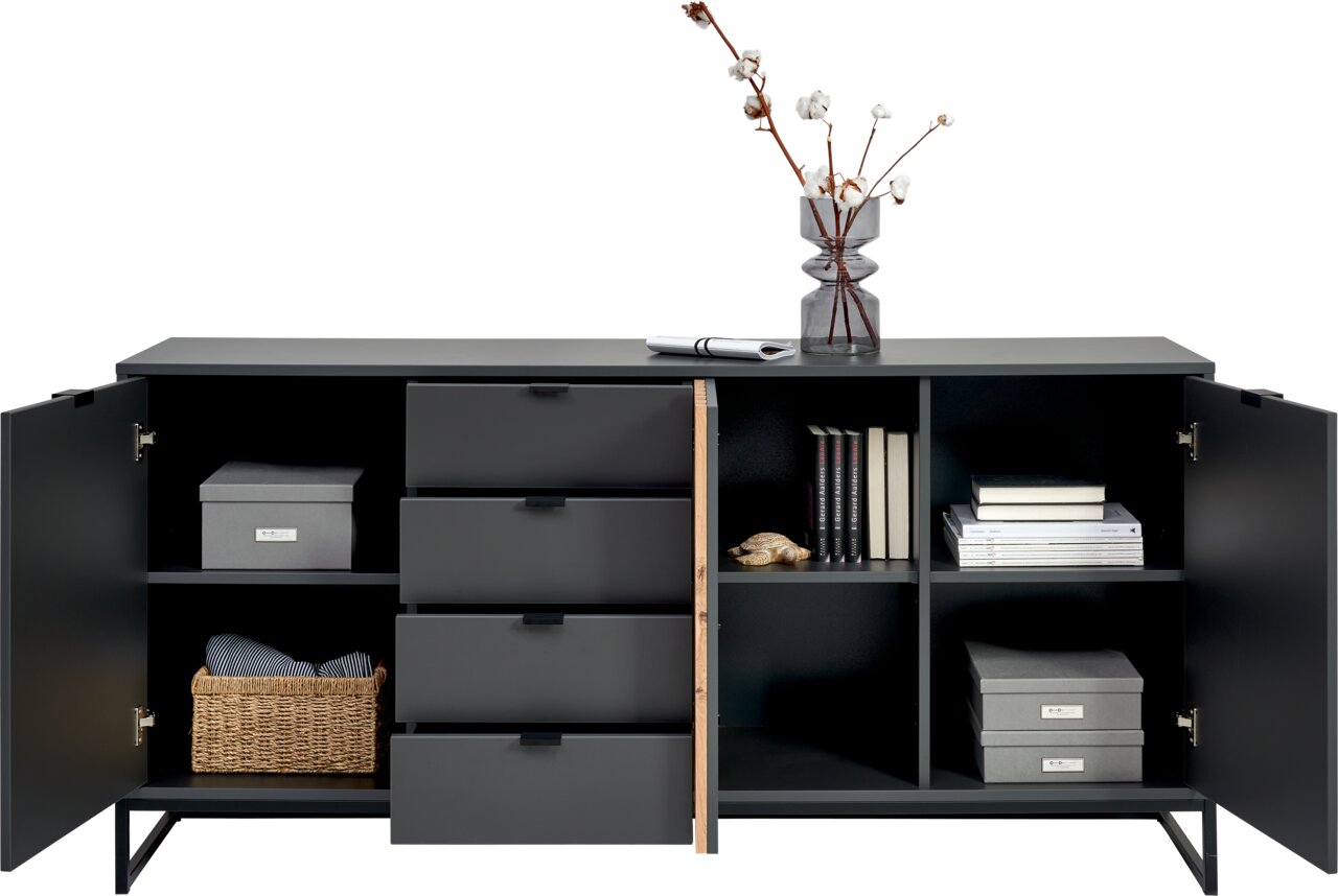 XL-Sideboard in dunklem Design mit offenen Türen und Schubladen, dekoriert mit Büchern, Körben und einer Vase, Frontalansicht