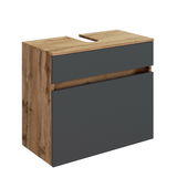 Waschbeckenunterschrank in Holzoptik mit grauen Fronten, seitliche Perspektive