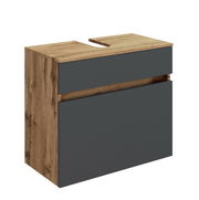 Waschbeckenunterschrank in Holzoptik mit grauen Fronten, seitliche Perspektive