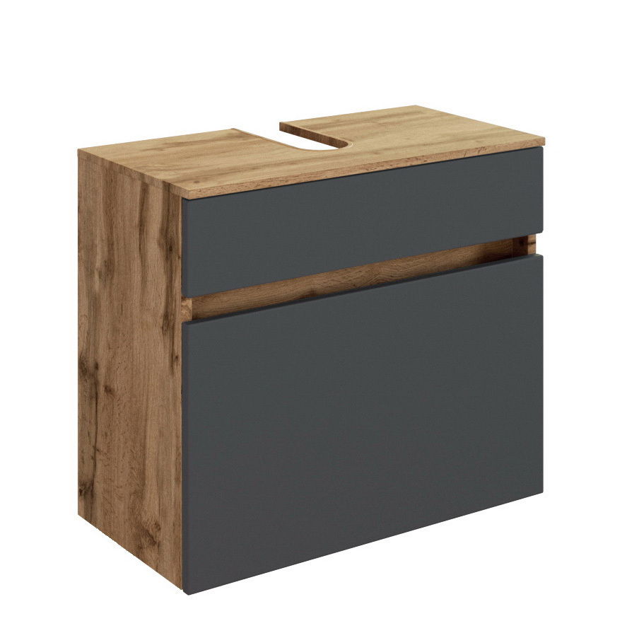 Waschbeckenunterschrank in Holzoptik mit grauen Fronten, seitliche Perspektive