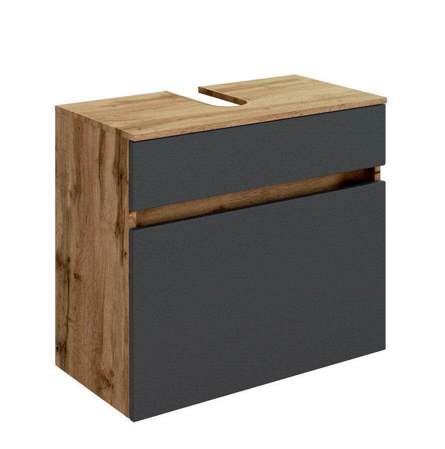 Waschbeckenunterschrank in Holzoptik mit grauen Fronten, seitliche Perspektive