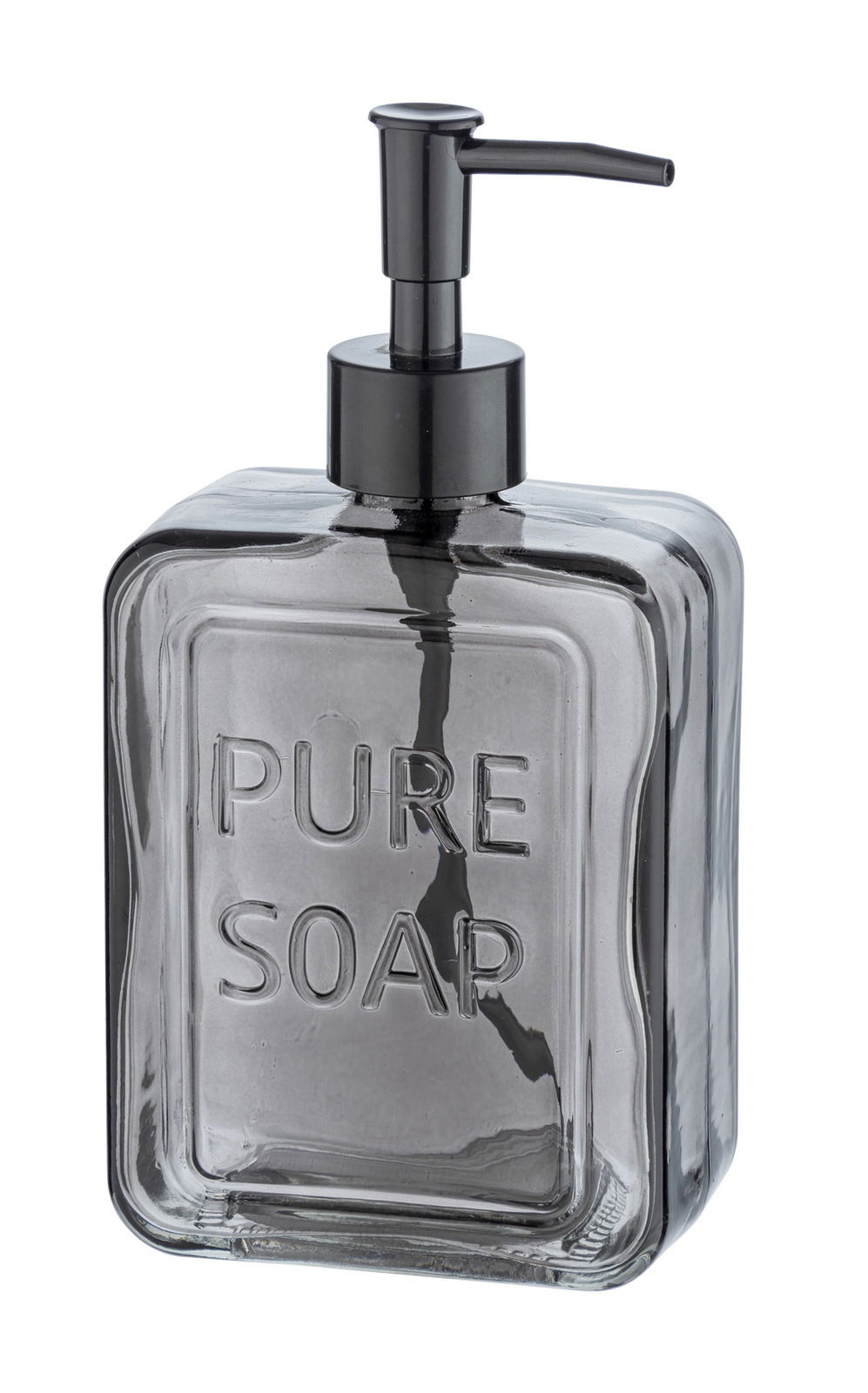Grauer Seifenspender mit der Aufschrift 'PURE SOAP', seitliche Perspektive.