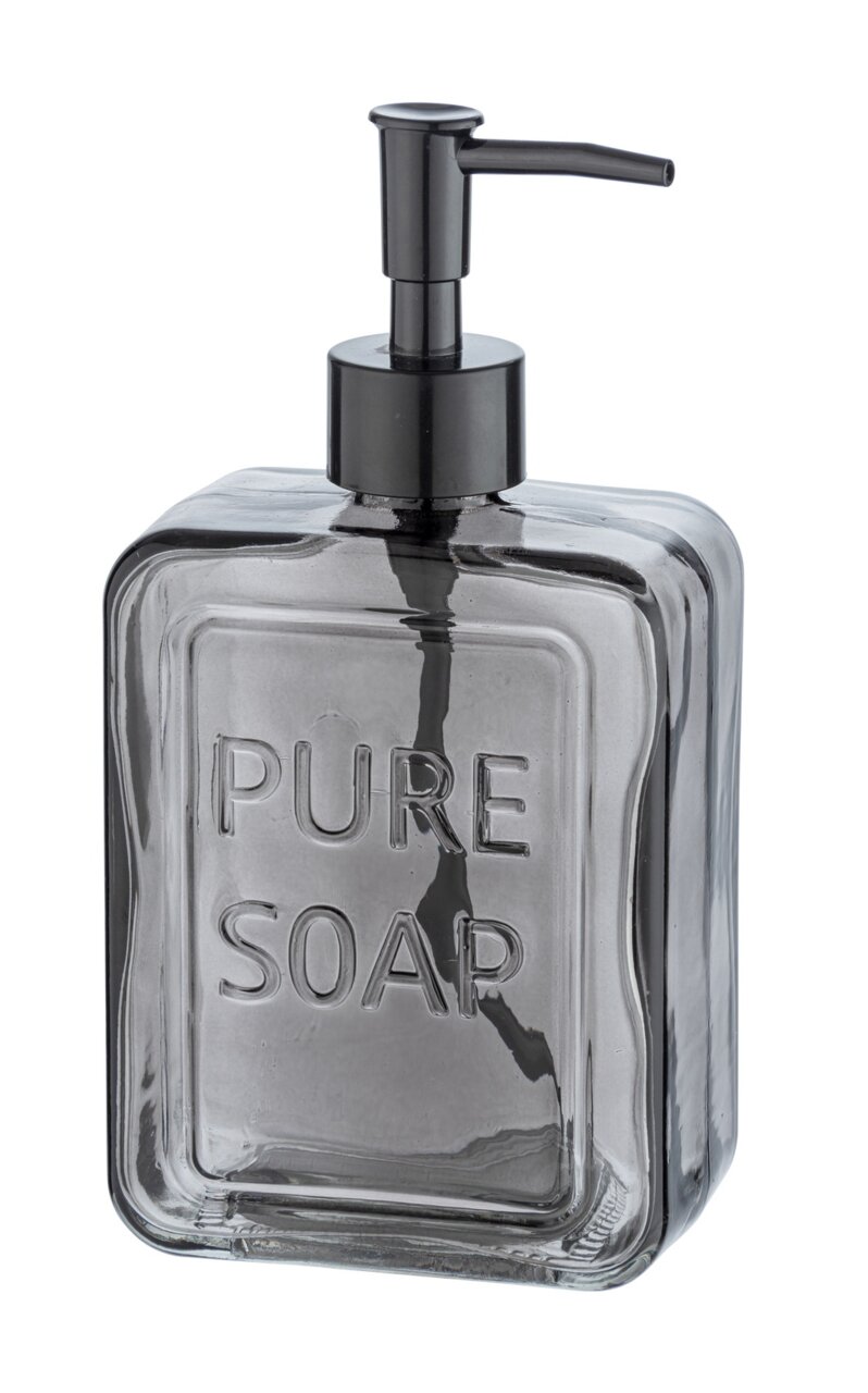 Wenko Seifenspender PURE SOAP Grauer Seifenspender mit der Aufschrift 'PURE SOAP', seitliche Perspektive.
