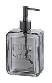 Grauer Seifenspender mit der Aufschrift 'PURE SOAP', seitliche Perspektive.