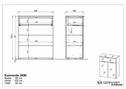 Technische Zeichnung einer Kommode mit den Maßen: Breite 83 cm, Höhe 102 cm, Tiefe 42 cm. Frontansicht und Seitenansicht sind dargestellt.