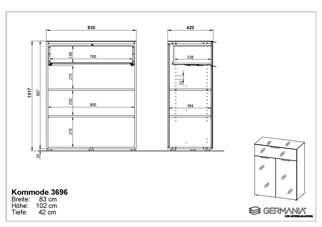 Technische tekening van een ladekast met de afmetingen: breedte 83 cm, hoogte 102 cm, diepte 42 cm. Er zijn een vooraanzicht en een zijaanzicht weergegeven.
