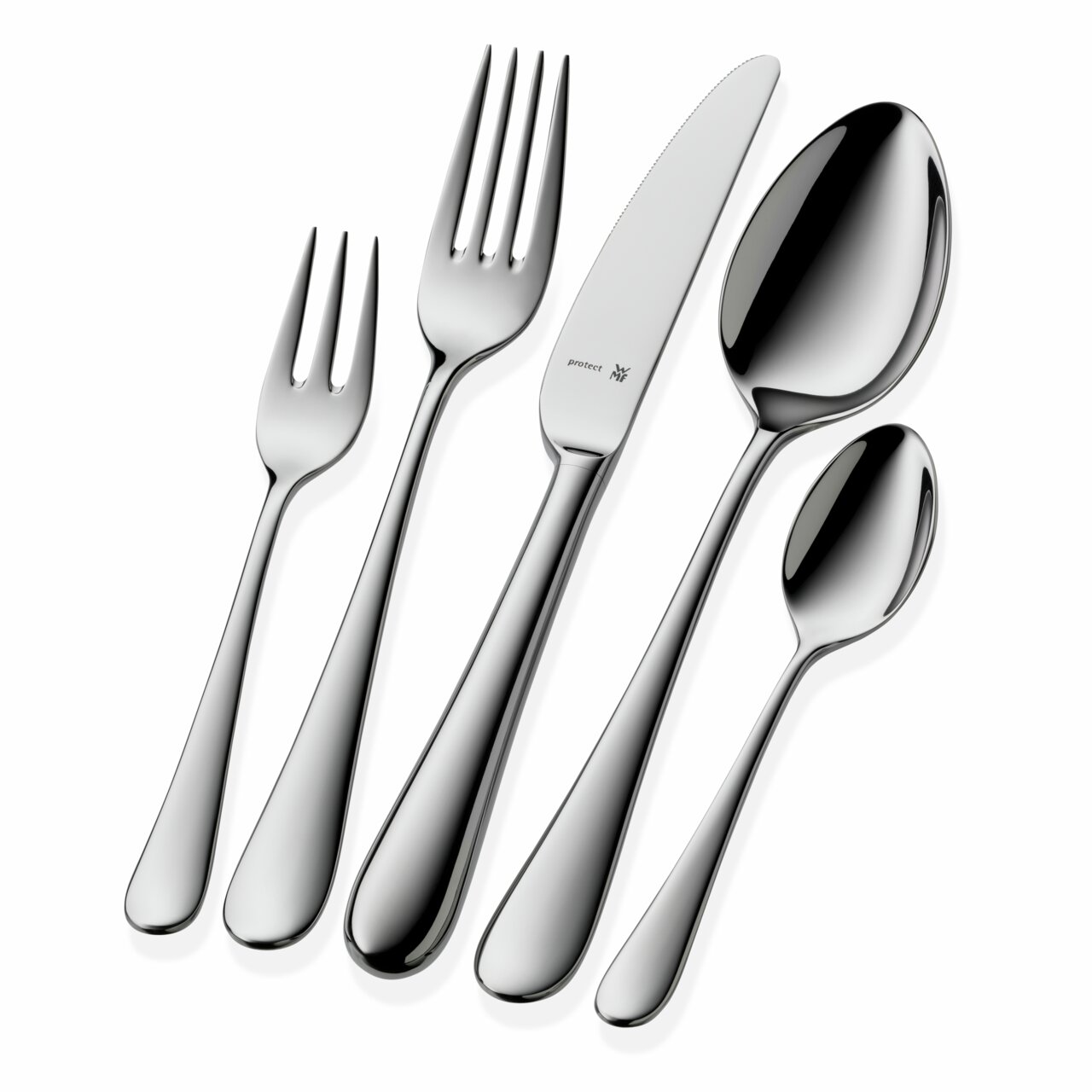 Set aus poliertem Edelstahlbesteck, bestehend aus Gabel, Messer, Löffel, Kuchengabel und Teelöffel, in schräger Draufsicht.