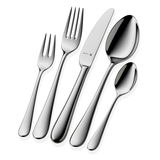 Set aus poliertem Edelstahlbesteck, bestehend aus Gabel, Messer, Löffel, Kuchengabel und Teelöffel, in schräger Draufsicht.