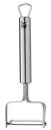 Sparschäler aus Edelstahl, frontal abgebildet mit ergonomischem Griff und scharfer Klinge.