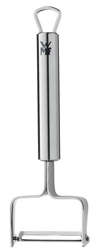 Sparschäler aus Edelstahl, frontal abgebildet mit ergonomischem Griff und scharfer Klinge.