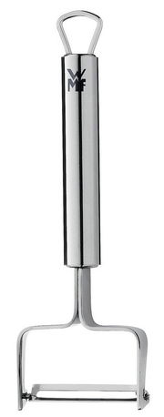 Sparschäler aus Edelstahl, frontal abgebildet mit ergonomischem Griff und scharfer Klinge.