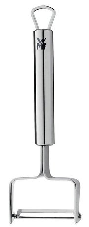 Sparschäler aus Edelstahl, frontal abgebildet mit ergonomischem Griff und scharfer Klinge.