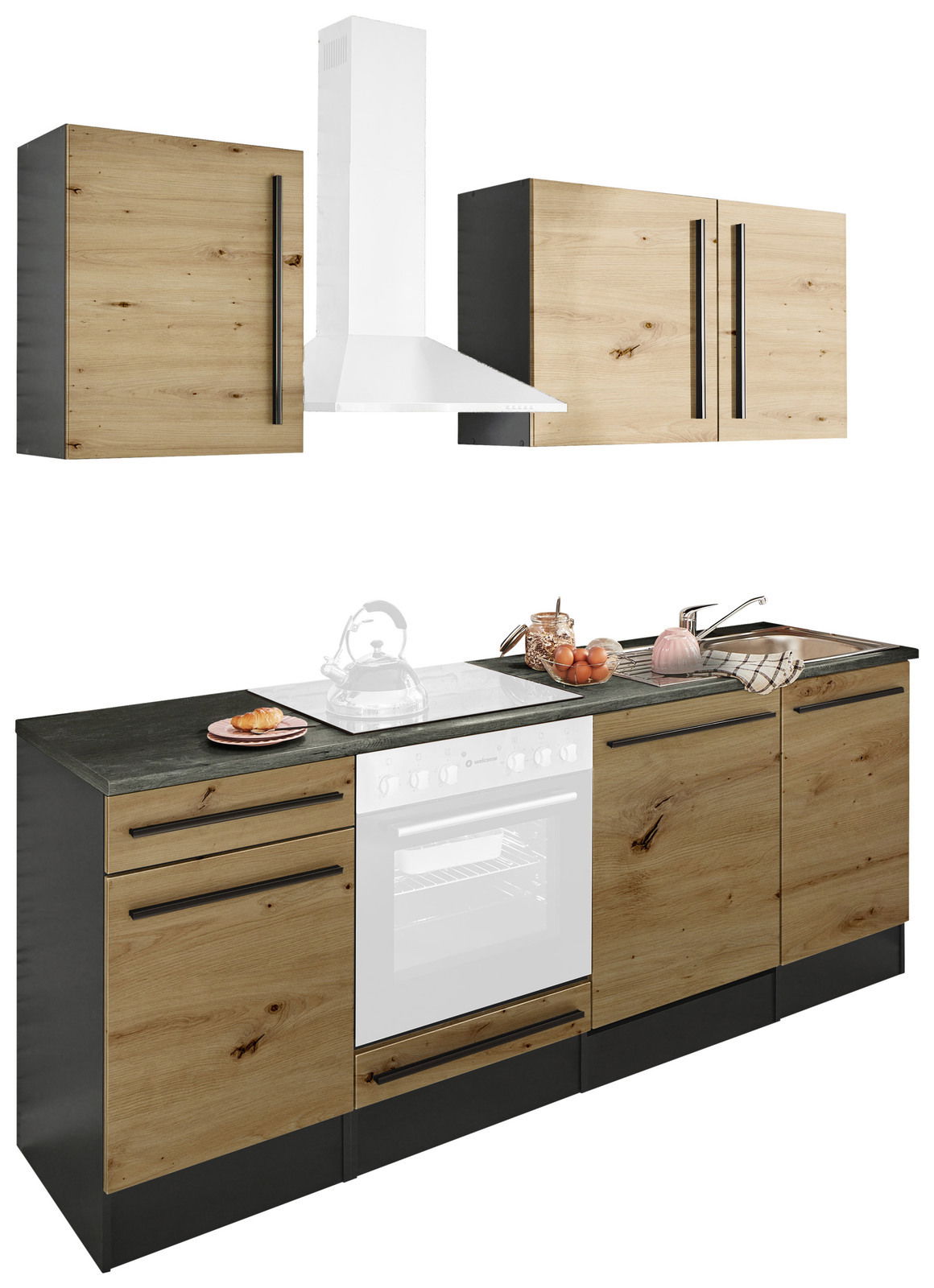 Moderner Küchenblock in Holzoptik mit schwarzen Griffen, bestehend aus Unterschränken, Hängeschränken und Dunstabzugshaube, aus der Frontansicht.