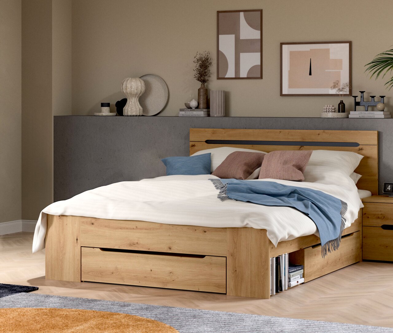 MID.YOU Bettgestell CANU Modernes Holzbett in Eiche-Optik mit integriertem Stauraum (Schublade) und Kopfteil, weißer Bettwäsche und blauer Decke im Schlafzimmer, Perspektive: frontale Ansicht leicht von links