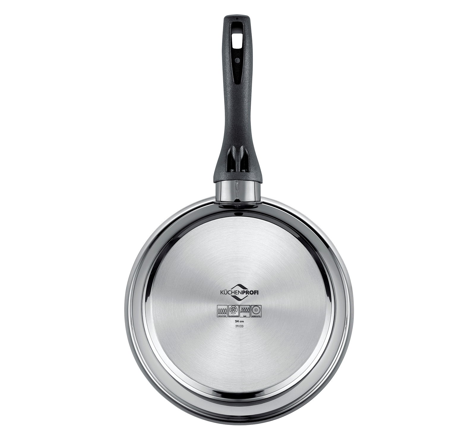 Ansicht von oben auf eine Edelstahl-Bratpfanne mit schwarzem Griff, geeignet für alle Herdarten.