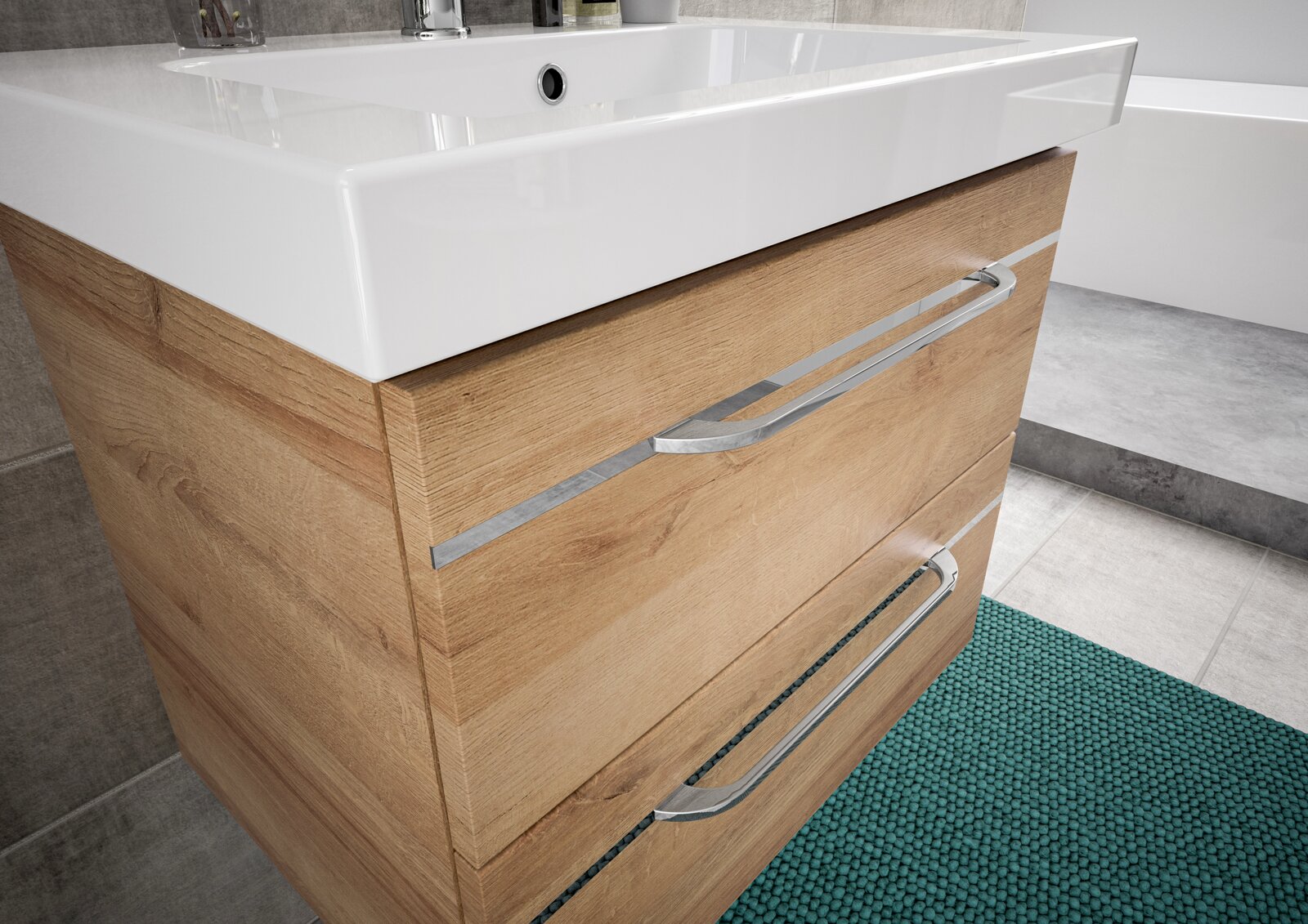 Moderne wastafel met houtlook en twee lades, zijaanzicht