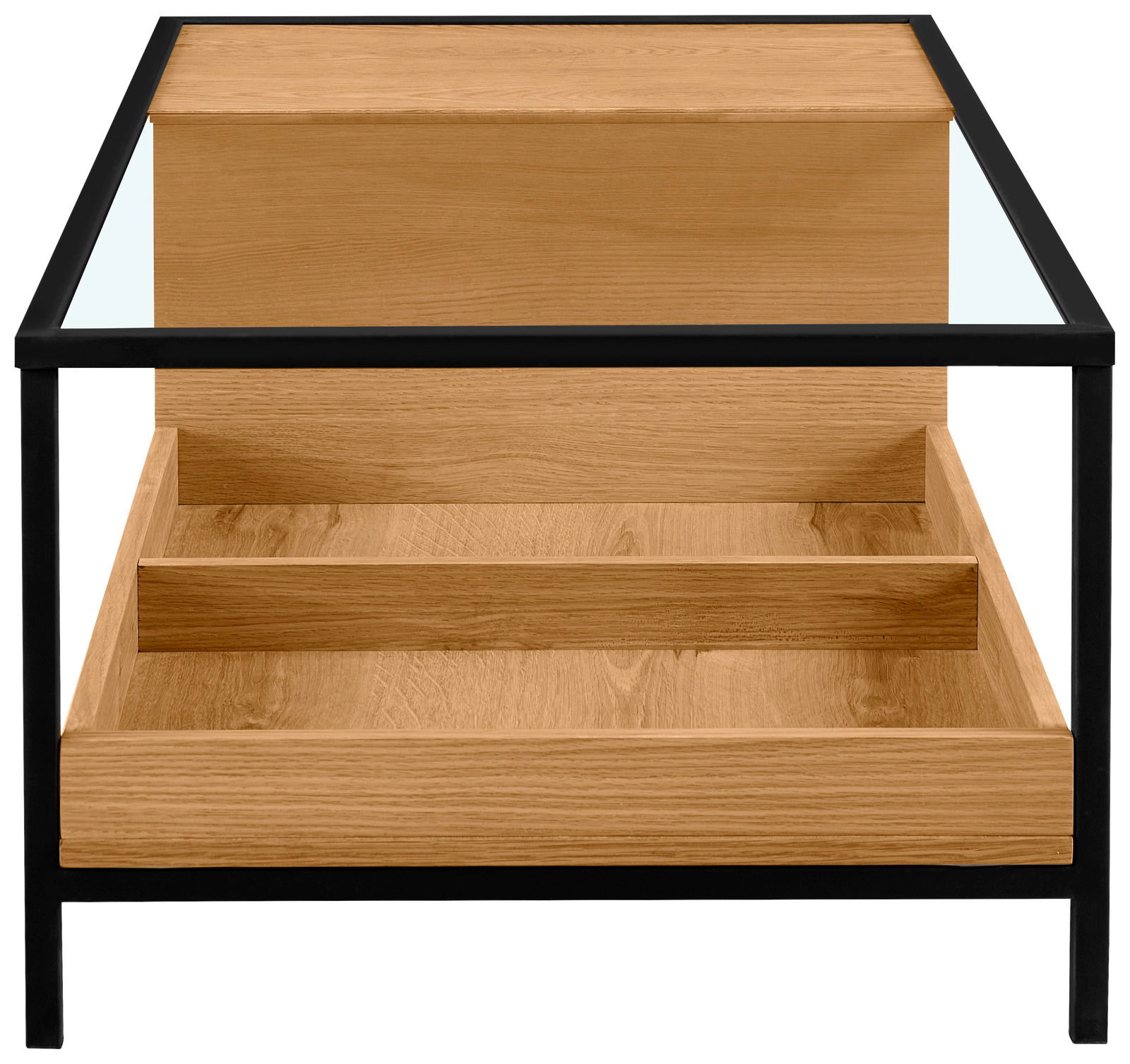 Moderner Couchtisch aus Holz mit Glasplatte und schwarzem Metallrahmen, Frontalansicht