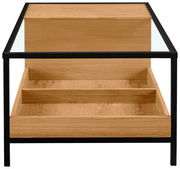 Moderner Couchtisch aus Holz mit Glasplatte und schwarzem Metallrahmen, Frontalansicht