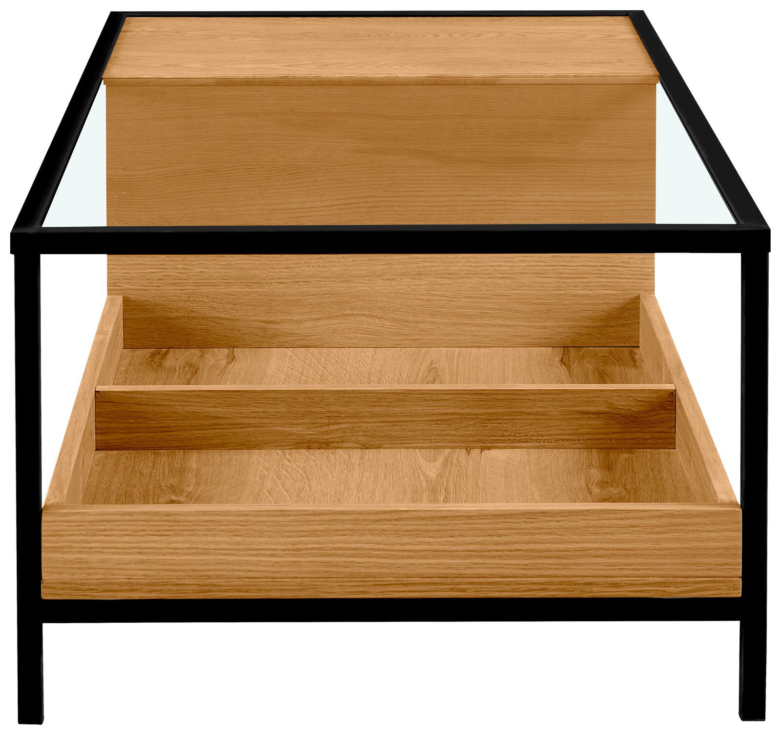 Moderner Couchtisch aus Holz mit Glasplatte und schwarzem Metallrahmen, Frontalansicht