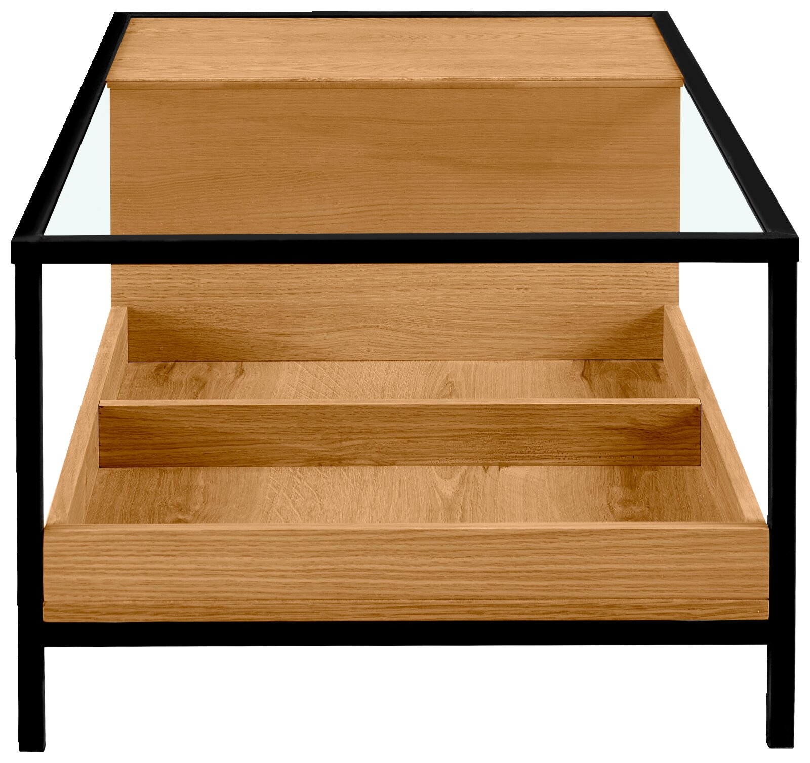 Moderner Couchtisch aus Holz mit Glasplatte und schwarzem Metallrahmen, Frontalansicht