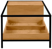 Moderner Couchtisch aus Holz mit Glasplatte und schwarzem Metallrahmen, Frontalansicht