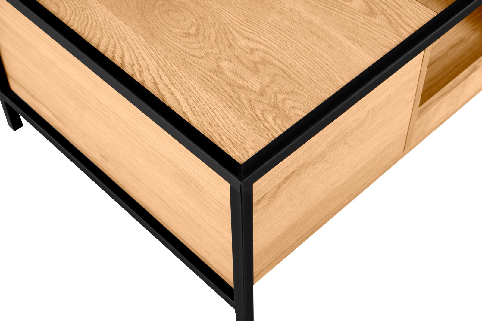 Close-up van een salontafel met houten blad en zwart metalen frame, gefotografeerd vanuit vogelperspectief.