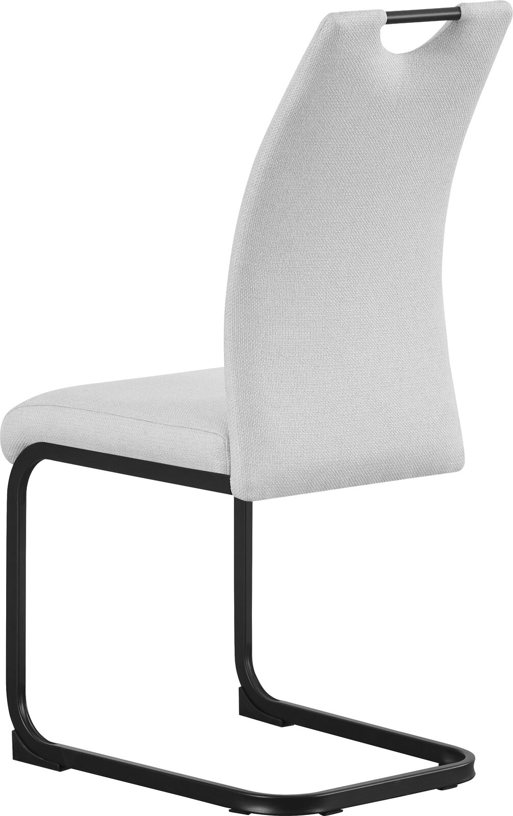 Beiger Polster-Freischwinger-Stuhl mit schwarzem Metallgestell und Griffausschnitt an der Rückenlehne, Ansicht schräg von hinten