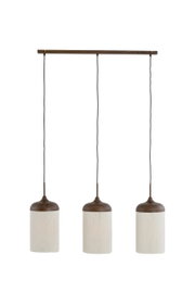 Dreiflammige Pendelleuchte mit Holz-Deckenbalken, drei zylindrischen Schirmen in Weiß mit dunklem Holzabschluss und schwarzen Kabeln, frontale Ansicht.