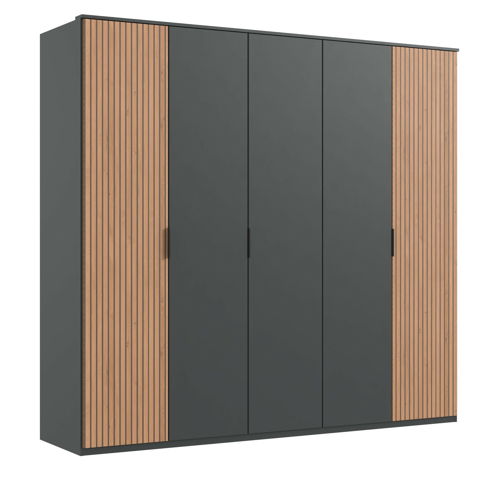 Moderner 5-türiger Drehtürenschrank mit grauen Türen und Holzlamellen an den Seiten, Frontalansicht