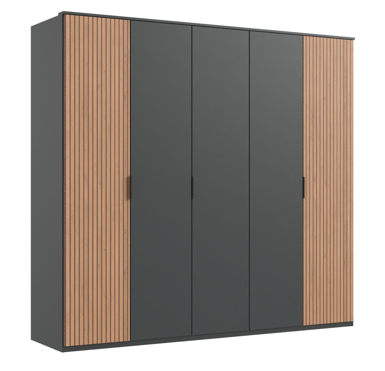 Moderner 5-türiger Drehtürenschrank mit grauen Türen und Holzlamellen an den Seiten, Frontalansicht
