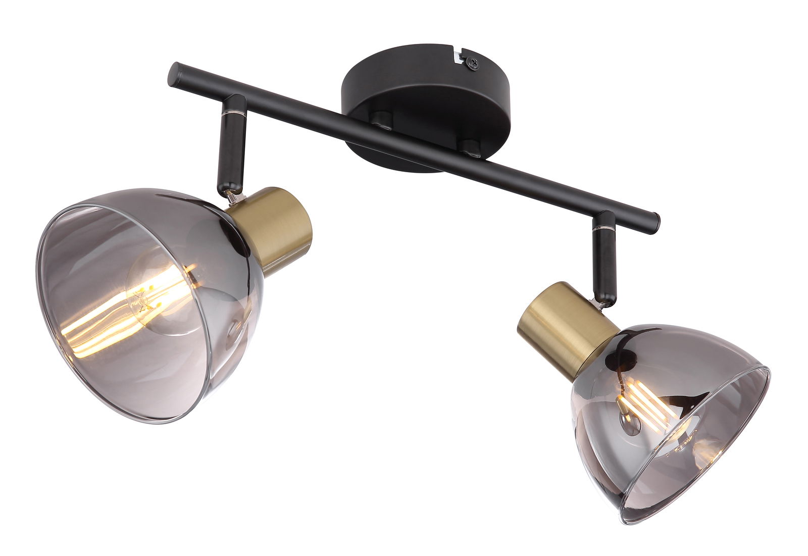 Zweiflammiger Strahler aus schwarzem Metall mit goldenen Akzenten und transparenten Lampenschirmen, seitliche Perspektive
