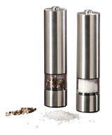 Elektrische Salz- und Pfeffermühle aus Edelstahl, frontal abgebildet, mit transparentem Behälter für Gewürze.