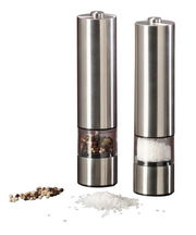 Elektrische Salz- und Pfeffermühle aus Edelstahl, frontal abgebildet, mit transparentem Behälter für Gewürze.