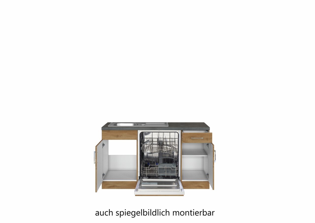 Frontale Ansicht einer Eck-Küchenzeile mit Spüle, Geschirrspüler und offenen Schränken, auch spiegelbildlich montierbar.