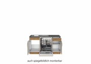 Frontale Ansicht einer Eck-Küchenzeile mit Spüle, Geschirrspüler und offenen Schränken, auch spiegelbildlich montierbar.