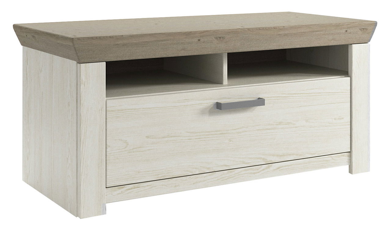 Holzbank mit Stauraum, Frontansicht, helle Holzoptik mit dunklerer Ablagefläche