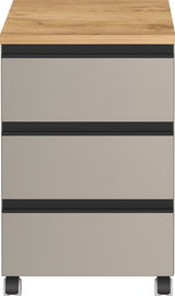 Frontansicht eines Rollcontainers mit drei Schubladen, Holzoberfläche und Rollen.