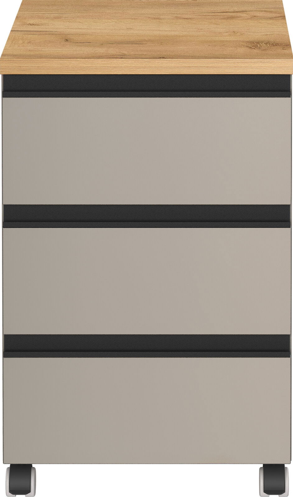 Frontansicht eines Rollcontainers mit drei Schubladen, Holzoberfläche und Rollen.