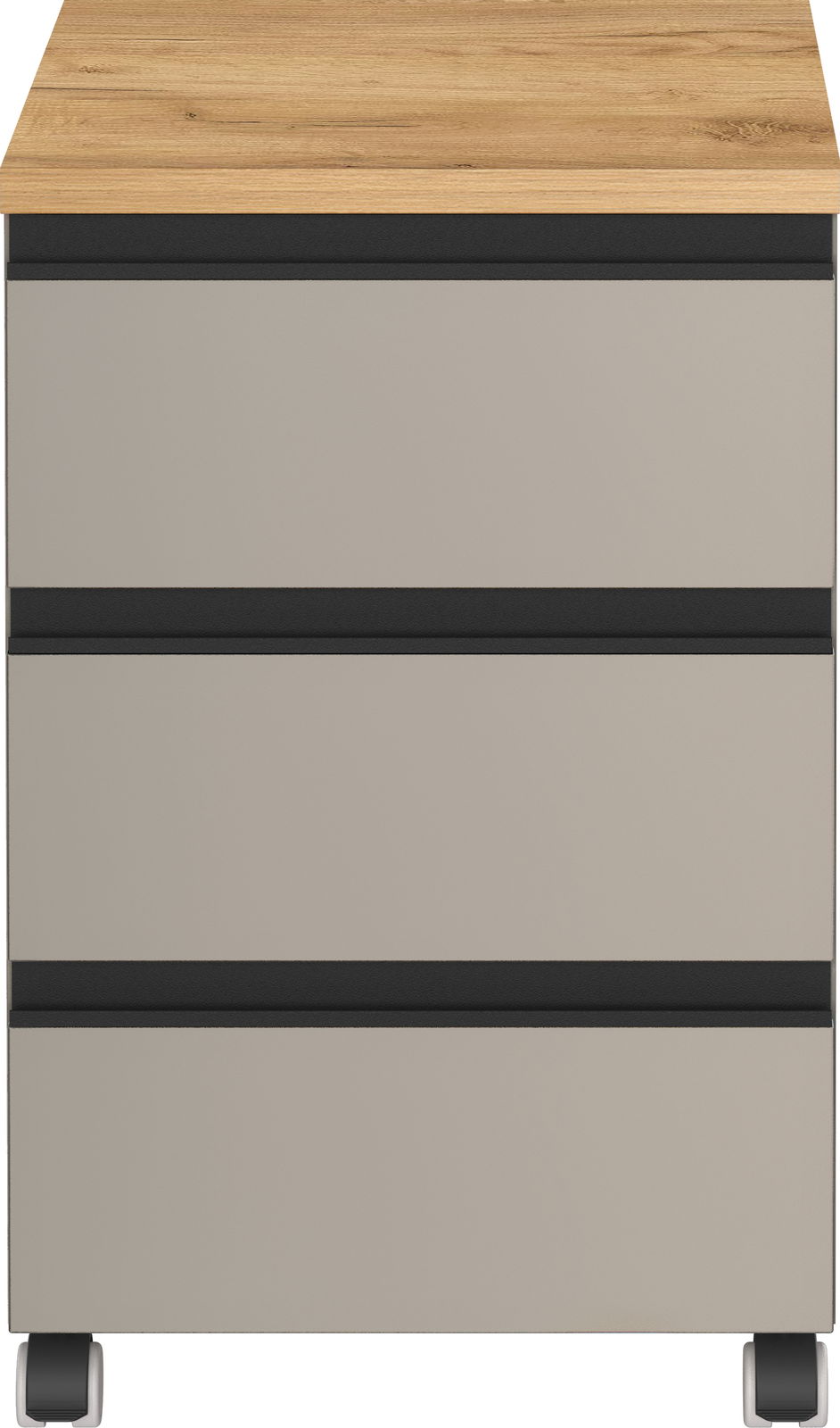 Frontansicht eines Rollcontainers mit drei Schubladen, Holzoberfläche und Rollen.