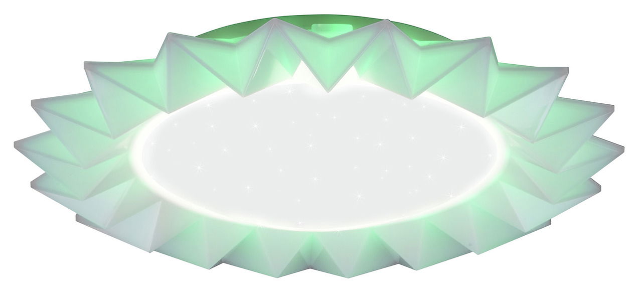 Deckenleuchte in Sonnenblumenform mit grünem Licht, seitliche Perspektive