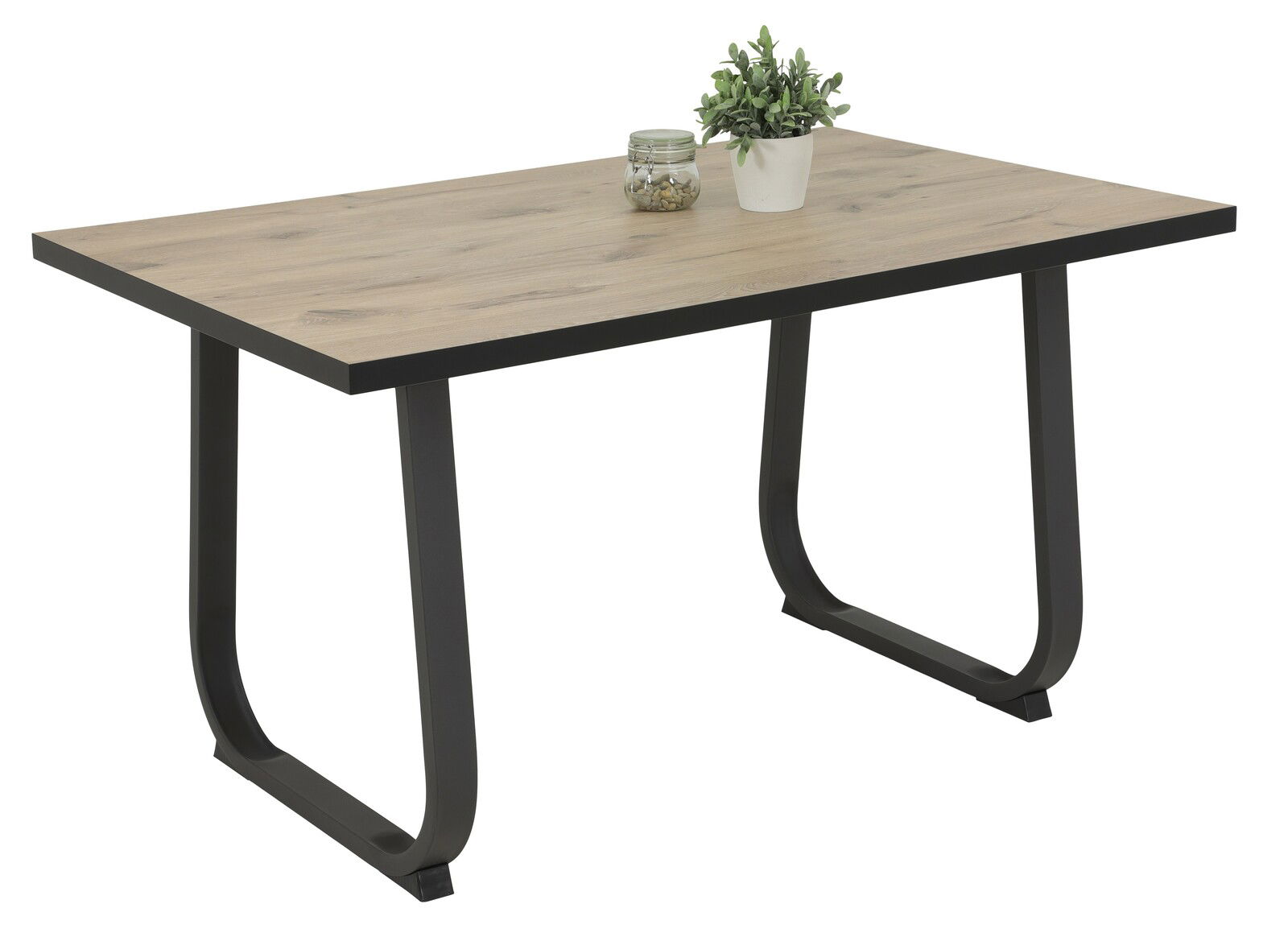 Moderner Esstisch mit Holzplatte und schwarzen Metallbeinen, seitliche Perspektive