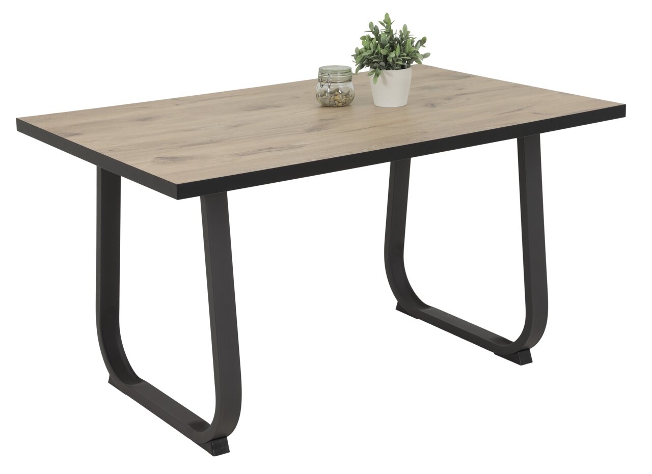 Moderner Esstisch mit Holzplatte und schwarzen Metallbeinen, seitliche Perspektive