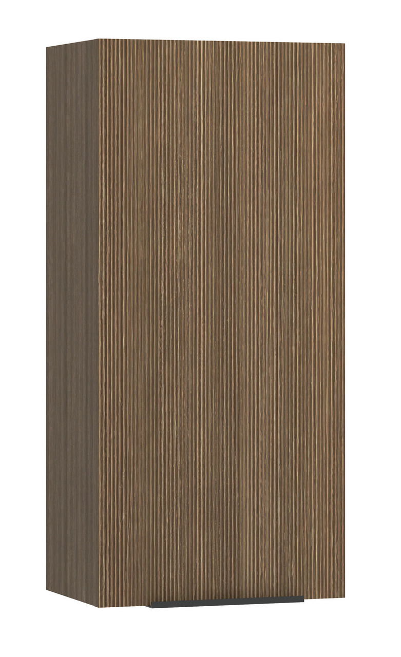 Moderner Hängeschrank mit vertikaler Holzmaserung, seitliche Perspektive