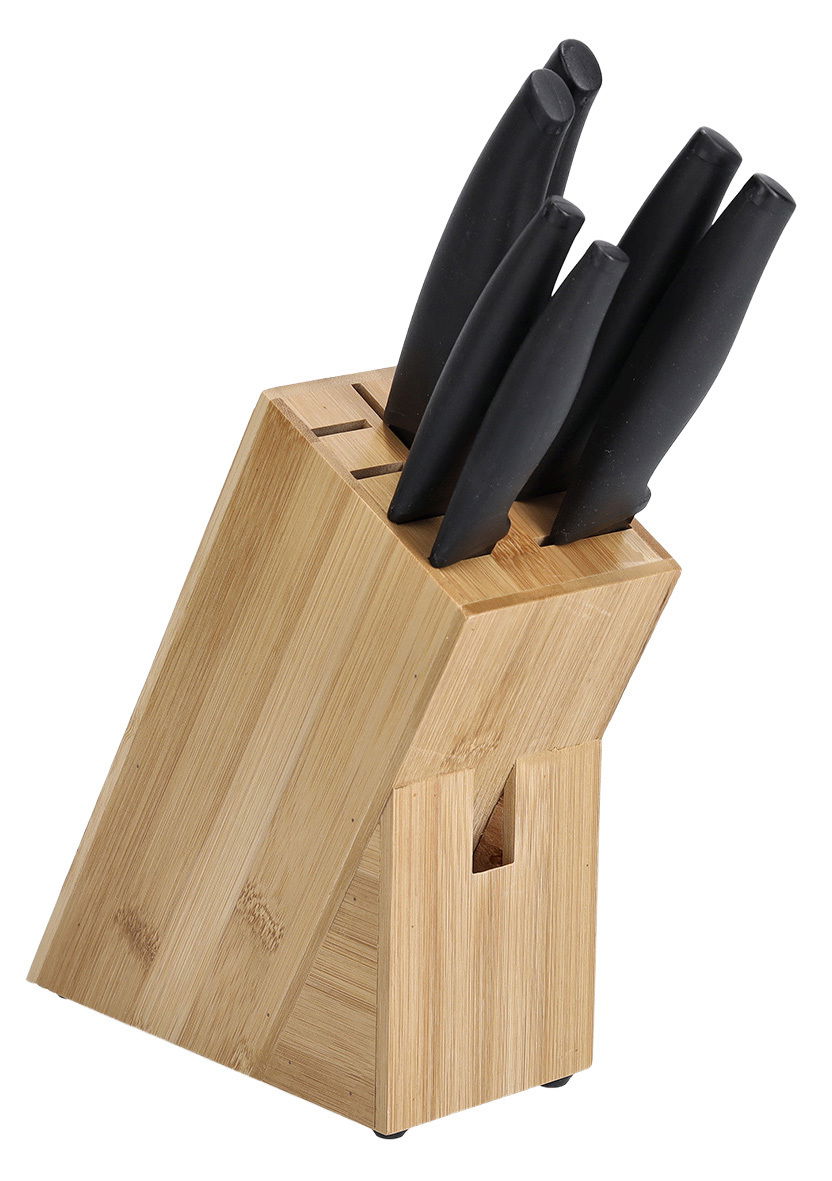 Messerblock aus Holz mit fünf schwarzen Messern, seitliche Perspektive