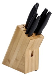Messerblock aus Holz mit fünf schwarzen Messern, seitliche Perspektive