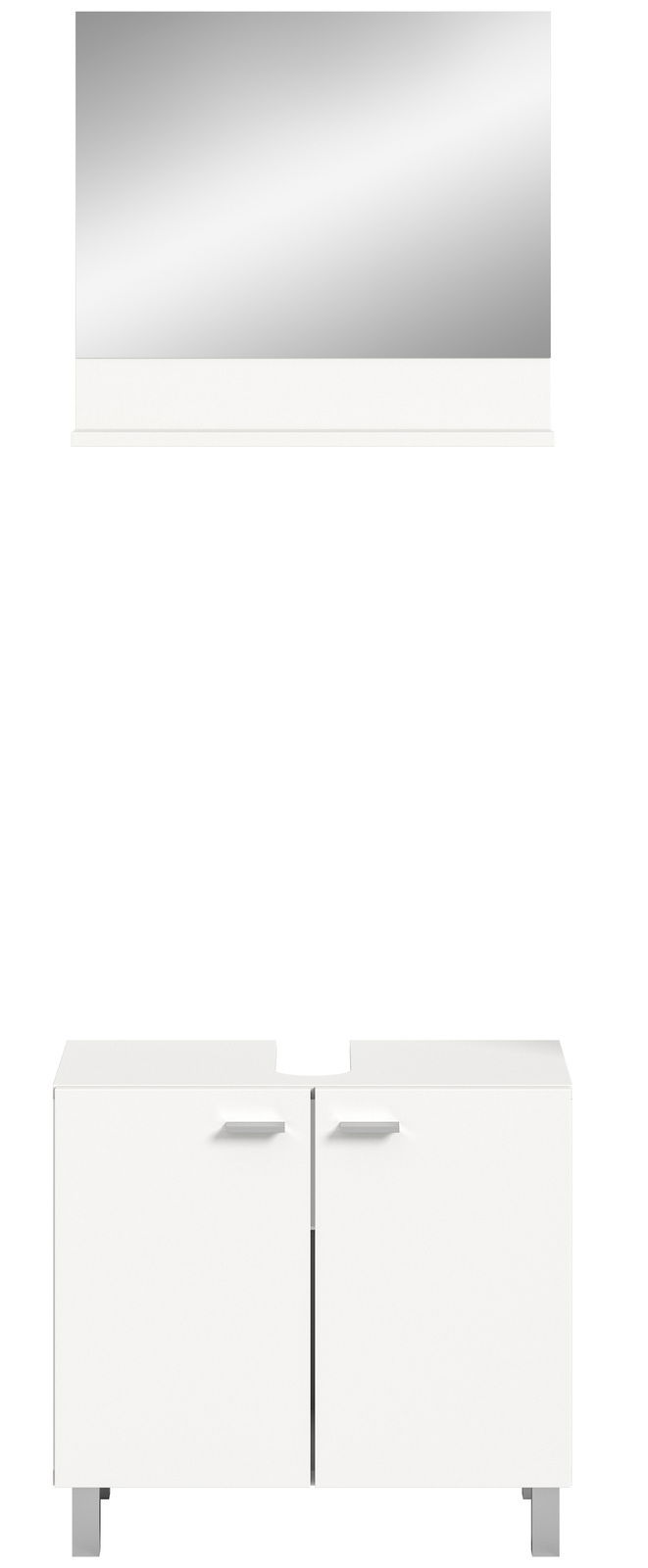 Frontale Ansicht einer weißen Badkombination mit Spiegel und Unterschrank mit zwei Türen.