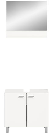 Frontale Ansicht einer weißen Badkombination mit Spiegel und Unterschrank mit zwei Türen.